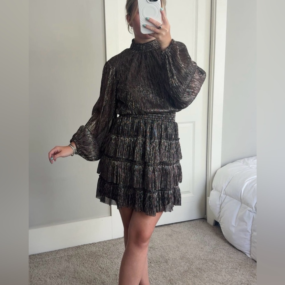 1. State Metallic Pleated Sheath Dress with Bishop Sleeves